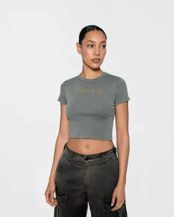 Cherry Chain Stitch Baby Tee (Ash) Flash Sale
