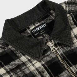 Cherry Plaid Zip Shirt Jacket (Black) Flash Sale